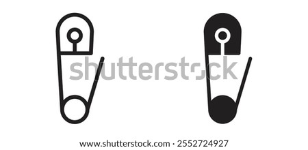 Safety pin vector icon set black filled and outlined style.