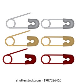Safety Pin Vector Illustration. Diaper Pin Isolated On White Background. Open And Closed Safety Pins
