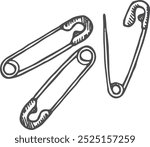 Safety pins doodle. Sewing tool hand drawn emblem