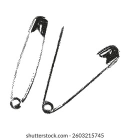 Safety pins elements photocopy. Retro vector illustration grunge dotted texture.