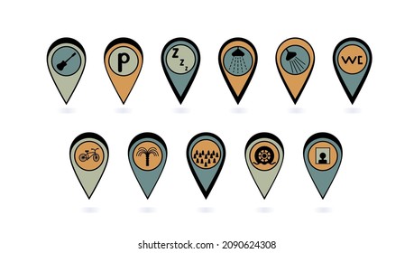 Iconos de pines de seguridad con pictogramas de símbolos de viaje. Puntos en la ruta. Marcas en el mapa, para el planeador, aplicación, decoración. Servicio, mantenimiento, estacionamiento, ducha, bicicleta, reparación, aseo