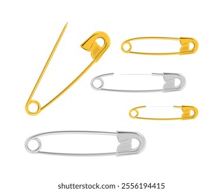 Safety pins. A set of safety pins in silver and gold colors. Pins with clasps. Vector illustration on a white background