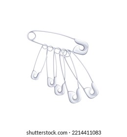 Safety pins vector illustration. Cartoon isolated bunch of closed imperdible safe metal pins with clasps protection and sharp sting needles, silver or steel tool to fasten fabric nappy and diaper