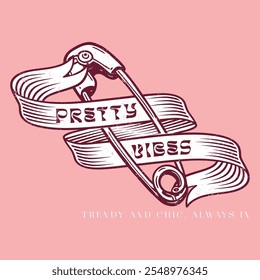 safety pins woman fashion tee T-shirt design. Hand drawing artwork, clothing and accessories. Pretty life, Pin your love ladies and women artwork. Pretty vibes, Vintage typography t-shirt design woman