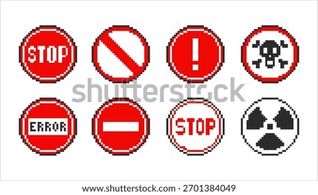 Safety pixel art sign set, warning signs in pixel style. 8 bit danger symbols, pixelated caution labels.