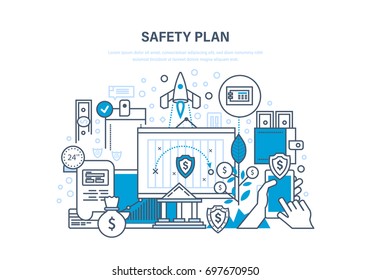 Safety plan. Safe storage of financial savings, data and information protection, guarantee of safety and integrity of projects, statistics, data. Illustration thin line design of vector doodles.