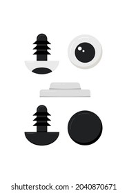Safety plastic eyes with washers for toys, puppet, teddy bear, dolls isolated on white background. Black round eyeballs vector clip art set. Flat design cartoon style craft and sewing design elements