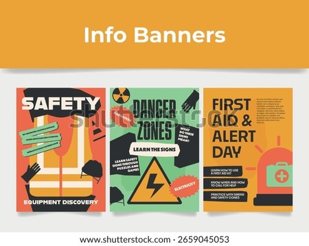 Safety posters designed to communicate first aid protocols, recognizing hazardous areas, and the importance of locating safety equipment.