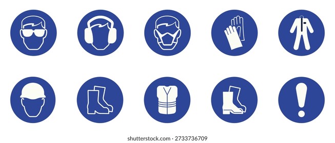 Safety PPE mandatory signs set showing helmet, goggles, mask, gloves, boots, vest and protective clothing symbols for workplace use.