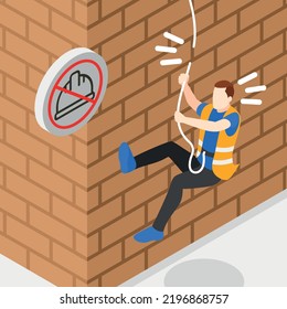 Safety precaution at work place isometric concept with man falling from hight vector illustration