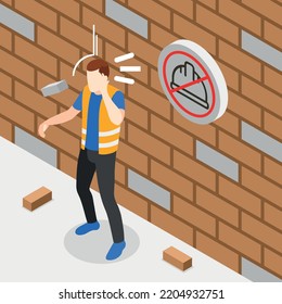 Safety Precaution At Work Place Isometric Background With Man Hit With Falling Brick Vector Illustration