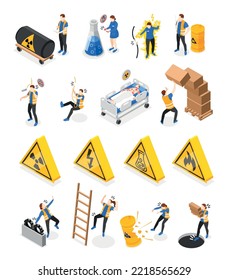 Safety precaution at workplace isometric icons set isolated vector illustration