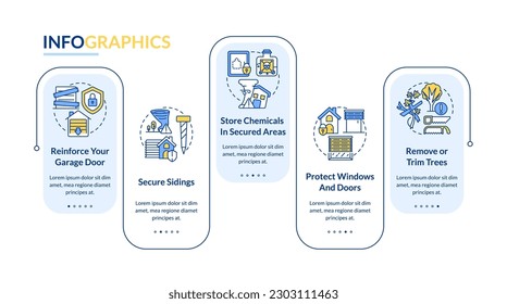 Precauciones de seguridad para la plantilla infográfica rectangular de huracanes. Visualización de datos con 5 pasos. Gráfico de información de línea de tiempo editable. Diseño de flujo de trabajo con iconos de línea. Lato-Bold, fuentes regulares usadas