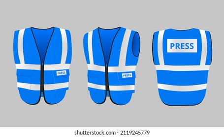 Safety Press Blue Vest With Reflective Stripes Templates Set. Work Uniform Safety Vest Mockup In Three Angles, Realistic Vector Illustration Isolated On Grey Background.