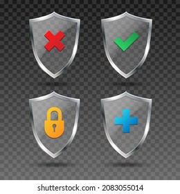 Safety proof shield. Cross and tick protect locked true transparent shields, red and green protection guarantee badges, safety care safeti protections certified check vector concept