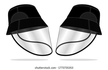 Safety Protection Black Bucket Hat With Mesh Side Panel And Plastic Transparent Face Shield Vector.