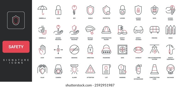 Safety protection, cyber security shield and lock, safe equipment to protect health and life line icon set. Construction worker and cyclist helmet, boot thin black and red symbols vector illustration