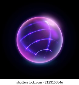 Safety and protection energy bubble isolated protected sphere with mesh grid as physical barrier. Vector neon globe, round shape of object, cyberspace and digital space virtual reality element