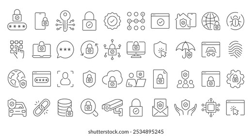 Safety, Protection icon set. containing safe, shield, lock, security, alarm, umbrella, editable stroke thin outline icon collection .isolated on white background flat vector illustration
