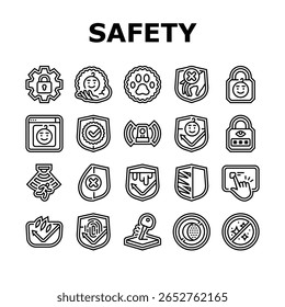 proteção de segurança ícones do produto definir vetor. luvas de capacete, máscaras de óculos, escudo, botas colete, tampões de ouvido, alarme, produto de proteção de segurança extintor