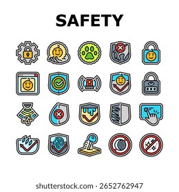 proteção de segurança ícones do produto definir vetor. luvas de capacete, máscaras de óculos, escudo, botas colete, tampões de ouvido, alarme, extintor proteção de segurança produto linha de cores ilustrações