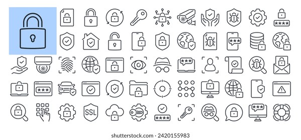 Safety, protection and security concept editable stroke outline icons set isolated on white background flat vector illustration. Pixel perfect. 64 x 64.