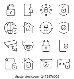 Iconos editables del contorno del trazo del concepto de la seguridad, de la protección y de la seguridad fijados aislados en fondo blanco