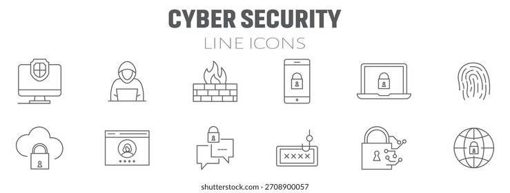 Safety, protection and security concept editable stroke outline icons set isolated on white background flat vector illustration. Pixel perfect. 64 x 64.