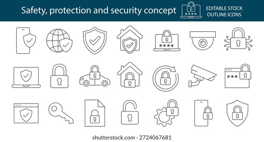 Safety, protection and security concept editable stroke outline icons set
