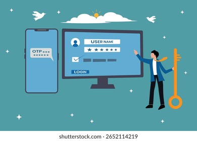 Safety or protection for software accessibility. One time password, security concept illustration, carrying security key, login with computer and OTP password on mobile phone. Cyber security template.
