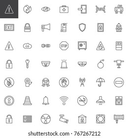 Safety protective elements line icons set, outline vector symbol collection, linear style pictogram pack. Signs, logo illustration. Set includes icons as gas mask, ring buoy, respirator, cctv camera