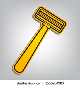 Safety razor sign. Flat orange icon with overlapping linear black icon with gray shadow at whitish background. Illustration.