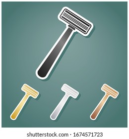 Safety razor sign. Set of metallic Icons with gray, gold, silver and bronze gradient with white contour and shadow at viridan background. Illustration.
