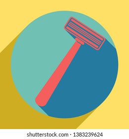 Safety razor sign. Sunset orange icon with llapis lazuli shadow inside medium aquamarine circle with different goldenrod shadow at royal yellow background.