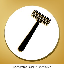 Safety razor sign. Vector. Black icon with light brown shadow in white circle with shaped ring at golden background.