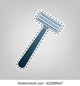 Safety razor sign. Vector. Blue icon with outline for cutting out at gray background.