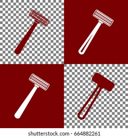 Safety razor sign. Vector. Bordo and white icons and line icons on chess board with transparent background.