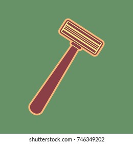 Safety razor sign. Vector. Cordovan icon and mellow apricot halo with light khaki filled space at russian green background.