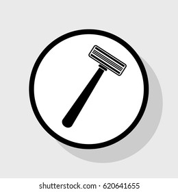 Safety razor sign. Vector. Flat black icon in white circle with shadow at gray background.