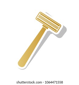 Safety razor sign. Vector. Golden gradient icon with white contour and rotated gray shadow at white background.