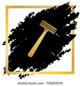 Safety razor sign. Vector. Golden icon at black spot inside golden frame on white background.