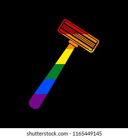 Safety razor sign. Vector. Icon with colors of LGBT flag at black background.