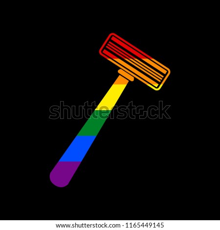 Safety razor sign. Vector. Icon with colors of LGBT flag at black background.