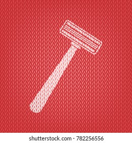 Safety razor sign. Vector. Knitted white icon on a red knitted background.