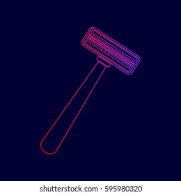 Safety razor sign. Vector. Line icon with gradient from red to violet colors on dark blue background.