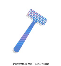 Safety razor sign. Vector. Neon blue icon with cyclamen polka dots pattern with light gray shadow on white background. Isolated.