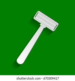 Safety razor sign. Vector. Paper whitish icon with soft shadow on green background.