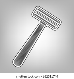 Safety razor sign. Vector. Pencil sketch imitation. Dark gray scribble icon with dark gray outer contour at gray background.