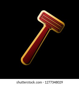 Safety razor sign. Vector. Red icon with small black and limitless shadows at golden sticker on black background.
