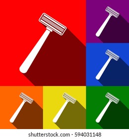Safety razor sign. Vector. Set of icons with flat shadows at red, orange, yellow, green, blue and violet background.